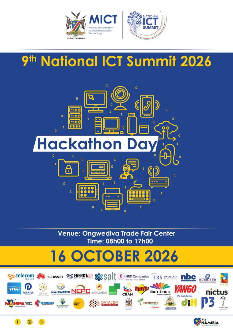 Poster for Hackathon Day at the 9th National ICT Summit 2026: 16 October 2026, 08h00 to 17h00, Ongwediva Trade Fair Centre.