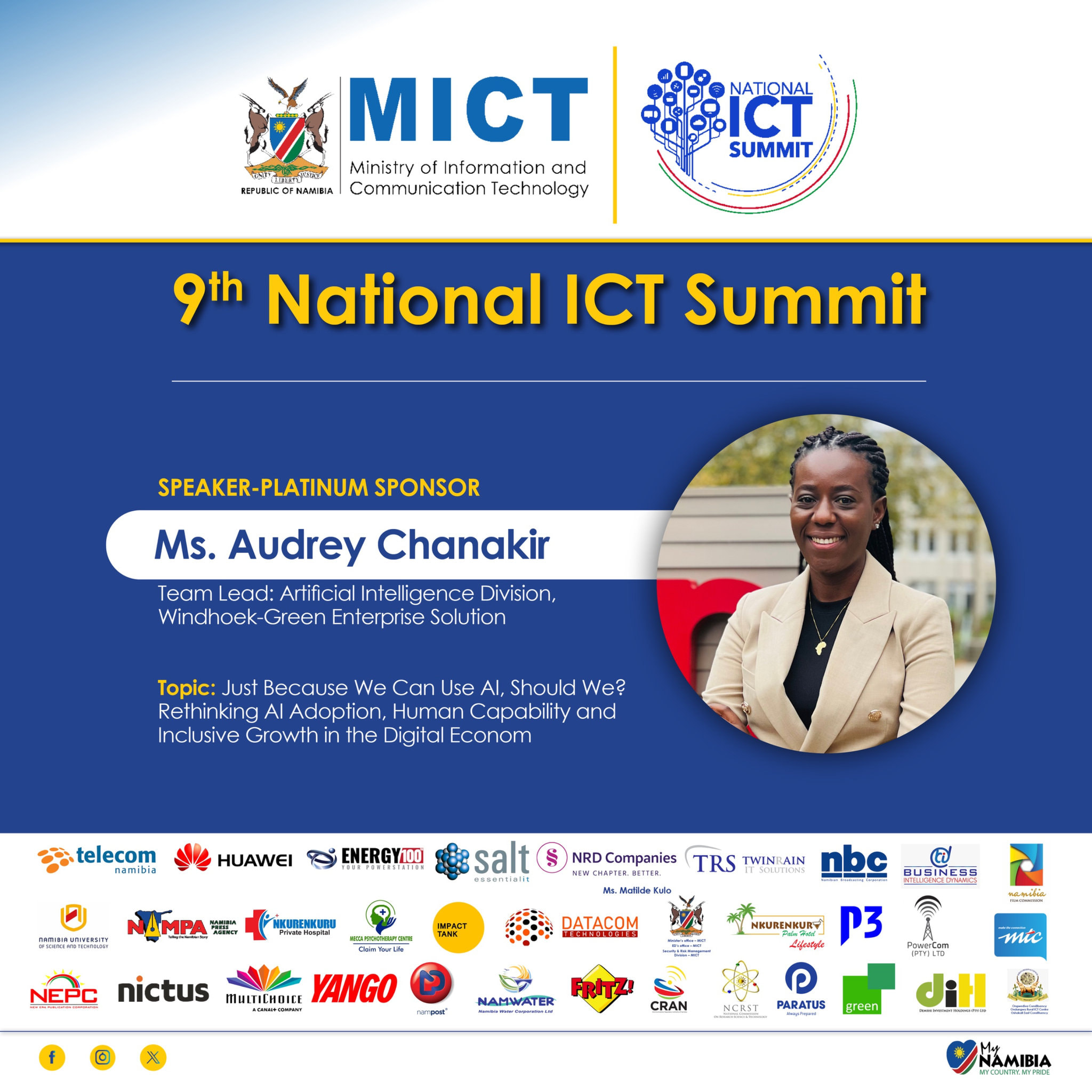 Ms. Audrey Chanakira, Speaker, Platinum Sponsor. Team Lead: Artificial Intelligence Division, Windhoek-Green Enterprise Solution. Topic: Just Because We Can Use AI, Should We? Rethinking AI Adoption, Human Capability and Inclusive Growth in the Digital Economy