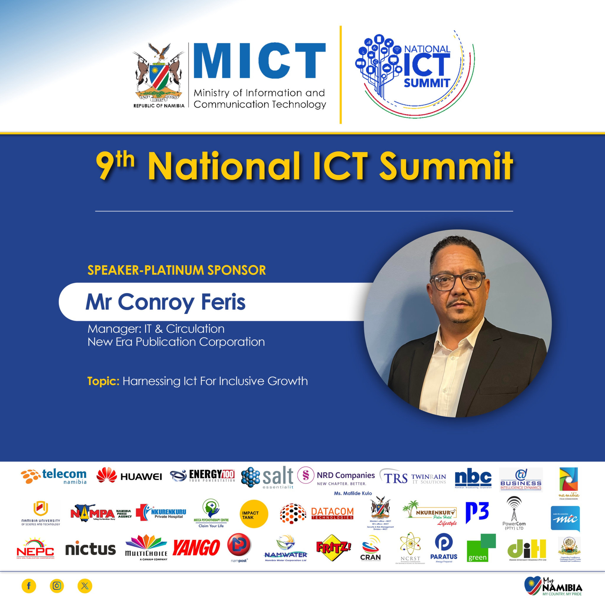 Mr. Conroy Feris, Speaker, Platinum Sponsor. Manager: IT & Circulation, New Era Publication Corporation. Topic: Harnessing ICT for Inclusive Growth