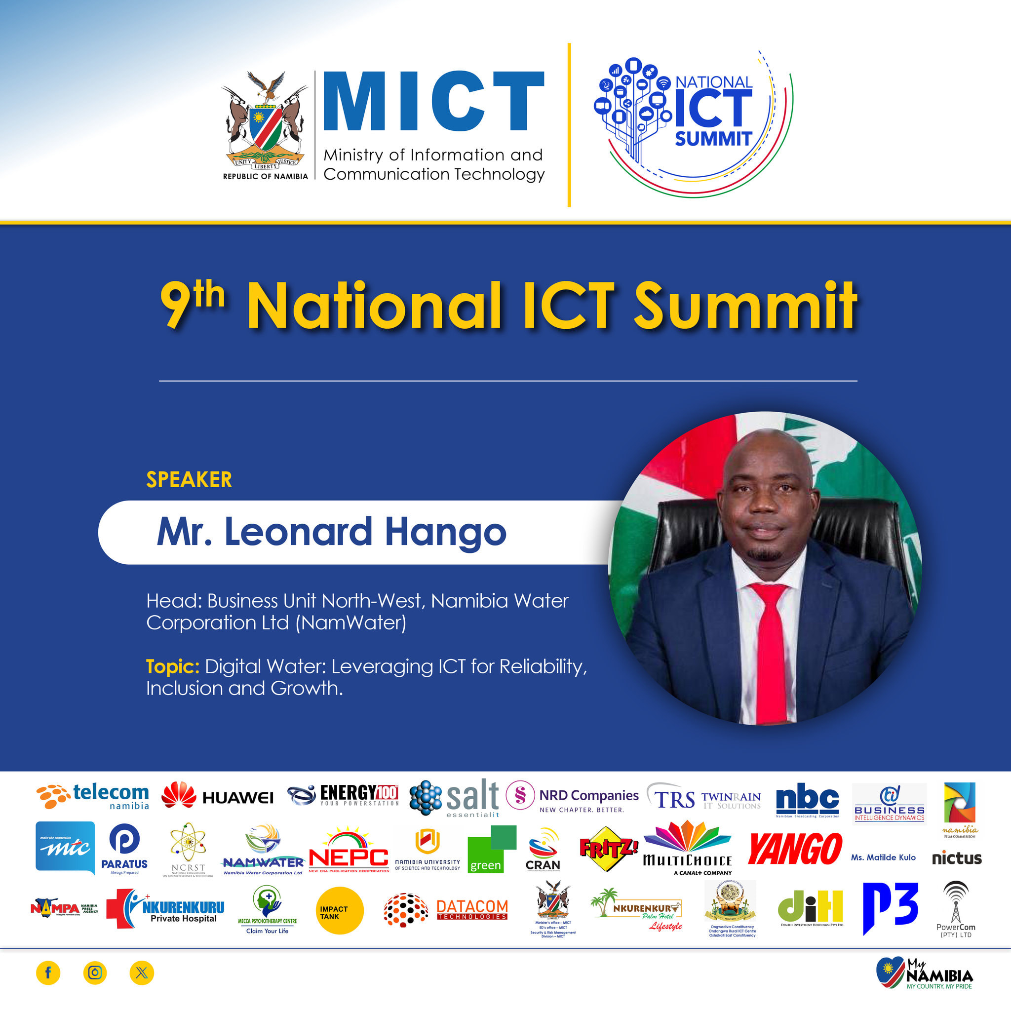 Mr. Leonard Hango, Speaker. Head: Business Unit North-West, Namibia Water Corporation Ltd (NamWater). Topic: Digital Water: Leveraging ICT for Reliability, Inclusion and Growth