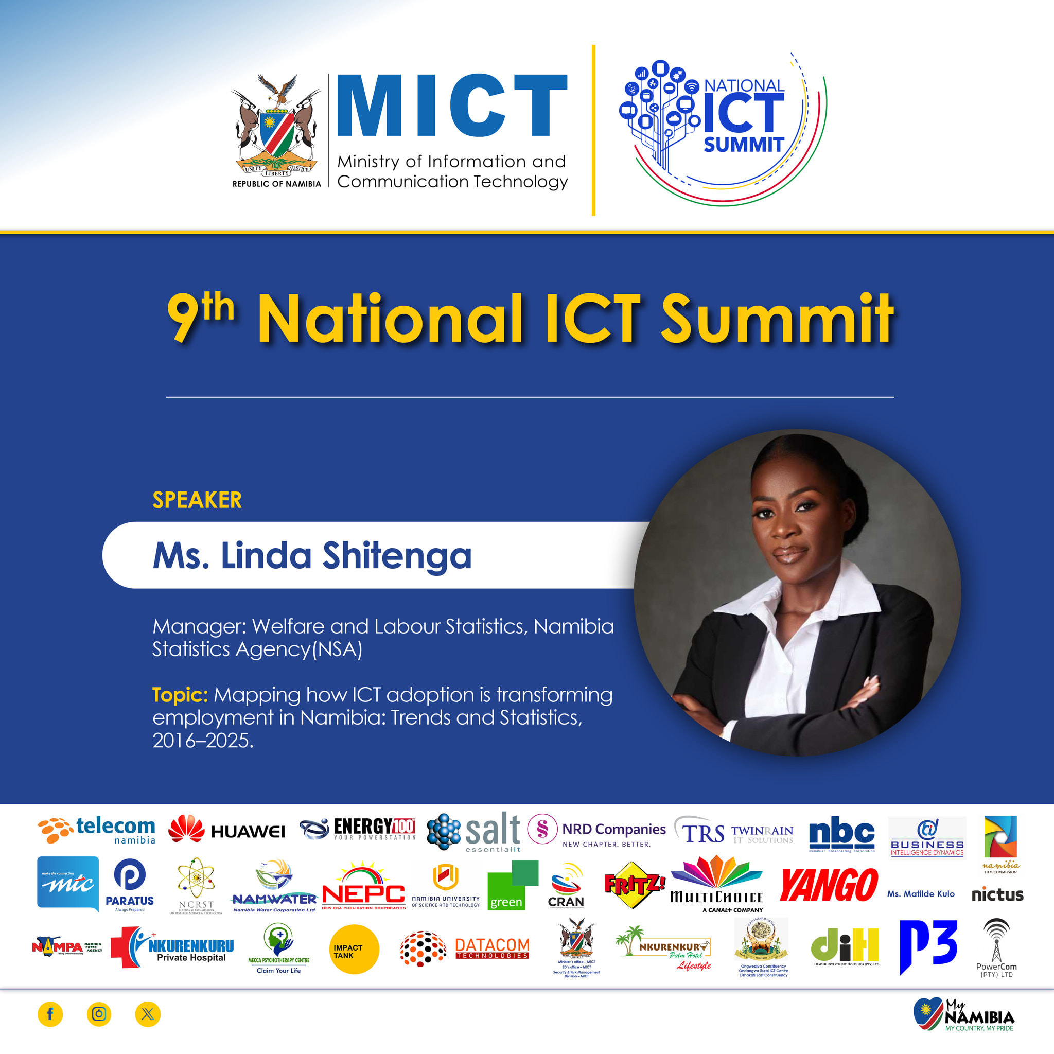 Ms. Linda Shitenga, Speaker. Manager: Welfare and Labour Statistics, Namibia Statistics Agency (NSA). Topic: Mapping how ICT adoption is transforming employment in Namibia: Trends and Statistics, 2016–2025