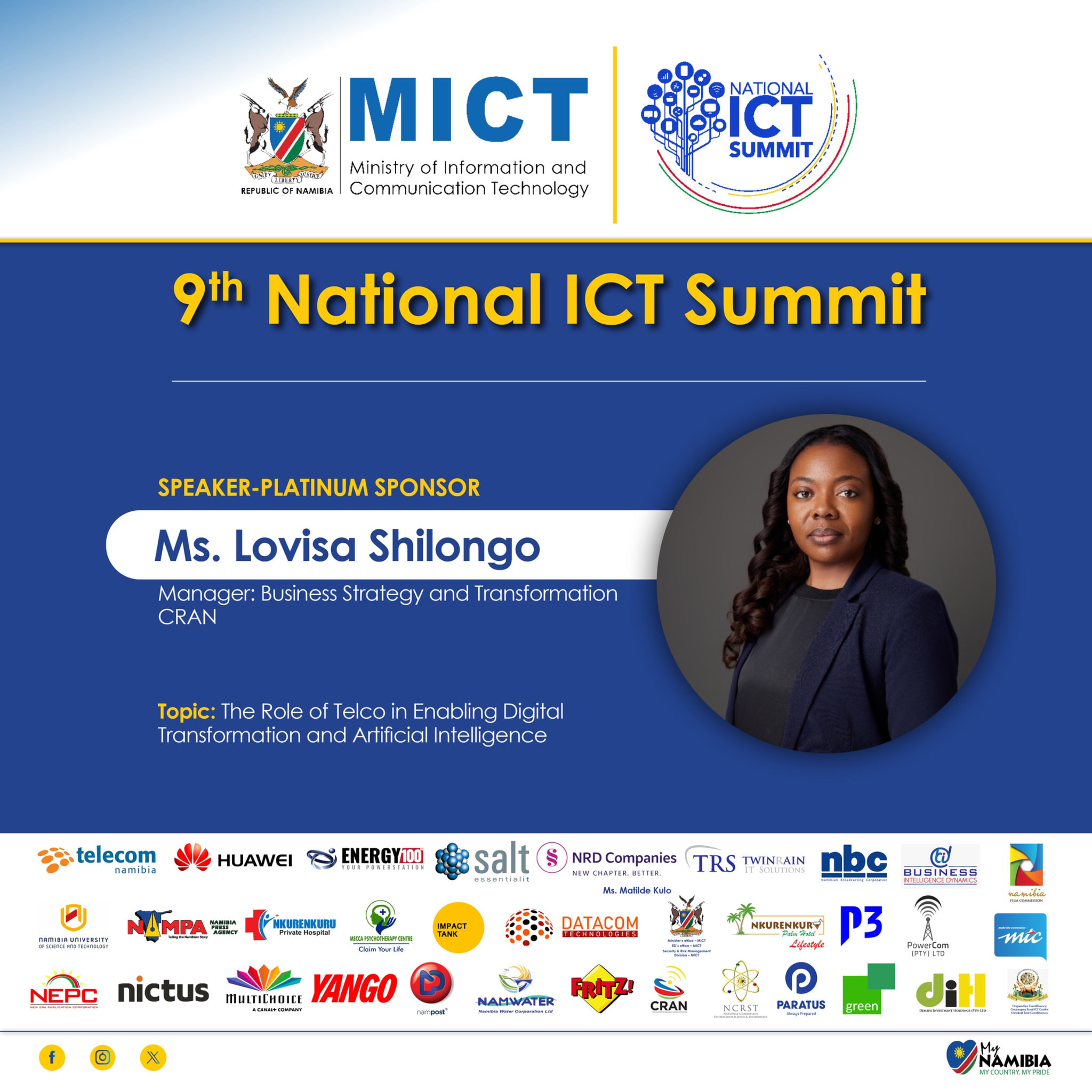 Ms. Lovisa Shilongo, Speaker, Platinum Sponsor. Manager: Business Strategy and Transformation, CRAN. Topic: The Role of Telco in Enabling Digital Transformation and Artificial Intelligence